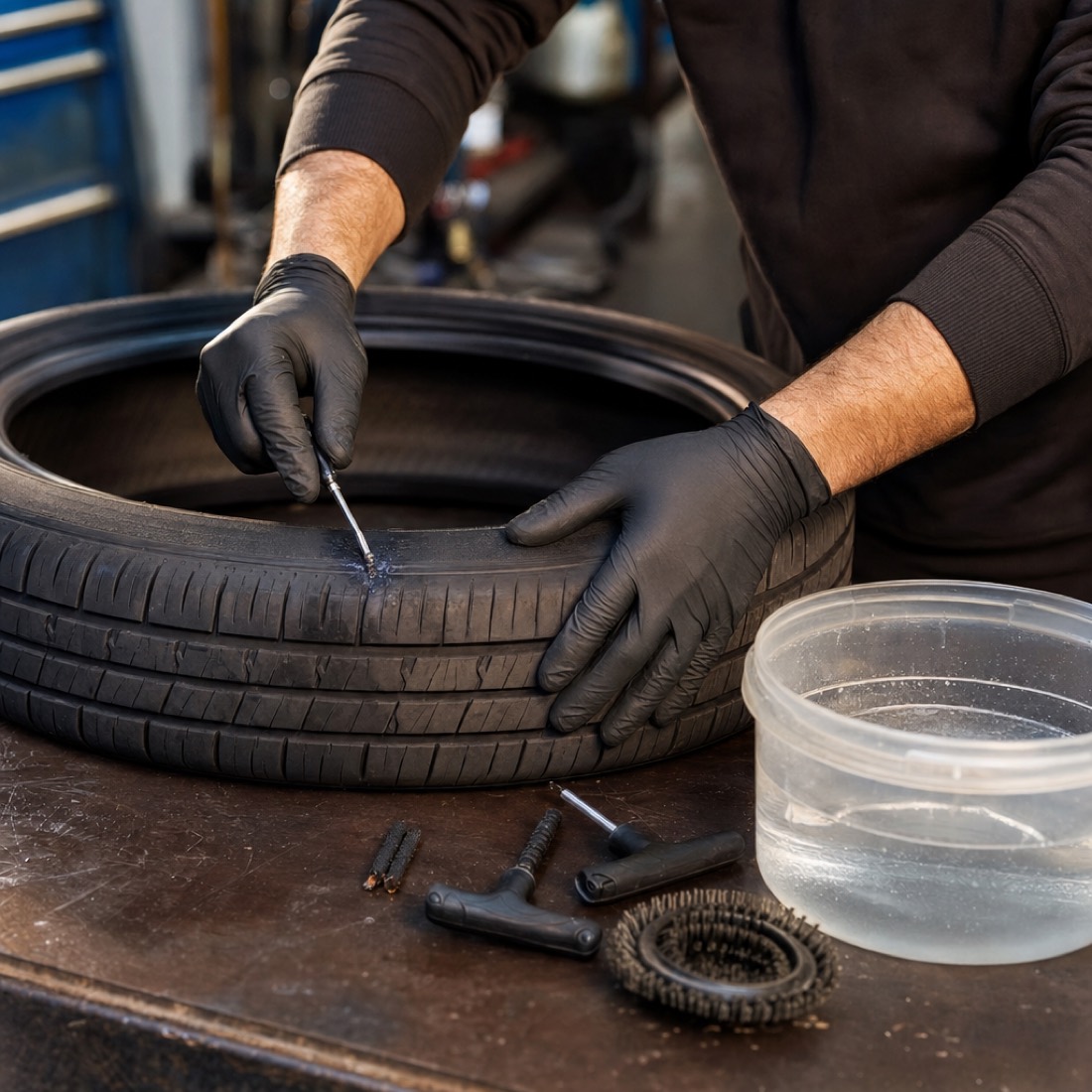 A technician locating a puncture during a tire repair on the workbench