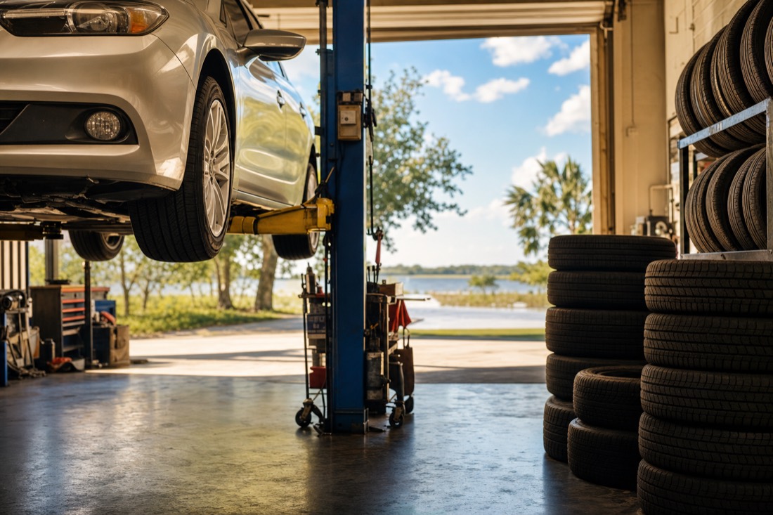 Open bay at a neighborhood tire shop with fresh tires stacked along the wall