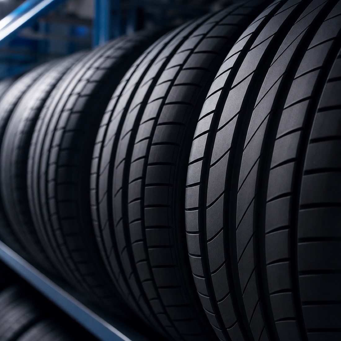 A neat row of fresh new tires with deep tread stacked in the shop