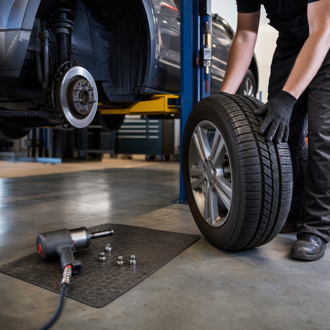 A technician handling a tire in the service bay of a local shop