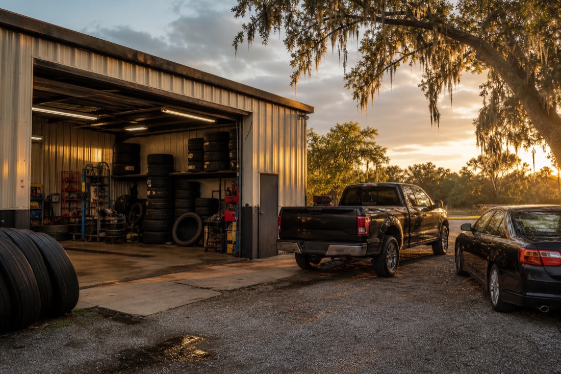 The front of the tire shop on Bayou Blue Road