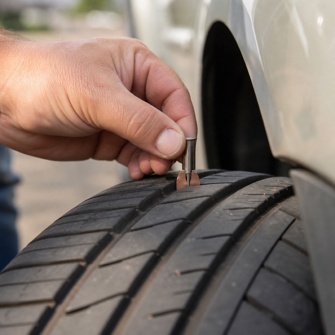 Checking tread depth in the grooves of a car tire with a gauge